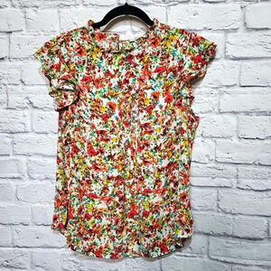 Alex & Lili M Floral‎ Flutter Cap Sleeve Blouse Floral Colorful Pretty Soze M